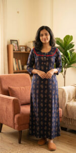 Churidar Model Cotton Nighty With Buttons, 3/4th Sleeves, 55 Inches - Blue - Image 2