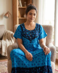 Short And Trendy Cotton Nighty With Round Neck - Blue + Dark Blue