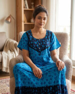 Short And Trendy Cotton Nighty With Round Neck - Blue + Dark Blue
