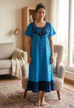 Short And Trendy Cotton Nighty With Round Neck - Blue + Dark Blue - Image 2
