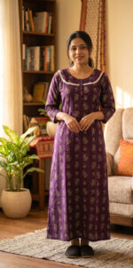 Churidar Model Cotton Nighty With Buttons, 3/4th Sleeves, 55 Inches - Grape Wine - Image 2