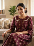 Churidar Model Cotton Nighty With Buttons, 3/4th Sleeves, 55 Inches - Maroon