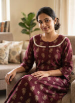 Churidar Model Cotton Nighty With Buttons, 3/4th Sleeves, 55 Inches - Maroon