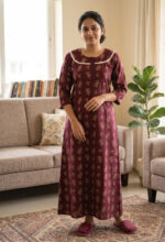 Churidar Model Cotton Nighty With Buttons, 3/4th Sleeves, 55 Inches - Maroon - Image 2