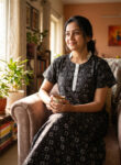 Churidar Model Cotton Nighty With Collar, 55 Inches - Black + White