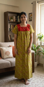 Traditional Cotton Nighty, Hacoba Yoke, 55 Inches Length - Green - Image 2