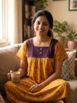 Traditional Cotton Nighty, Hacoba Yoke, 55 Inches Length - Yellow