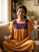 Traditional Cotton Nighty, Hacoba Yoke, 55 Inches Length - Yellow
