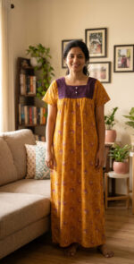 Traditional Cotton Nighty, Hacoba Yoke, 55 Inches Length - Yellow - Image 2