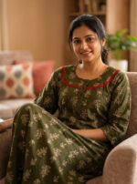 Churidar Model Cotton Nighty With Buttons, 3/4th Sleeves, 55 Inches - Green