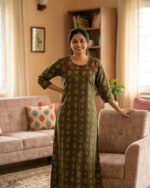 Churidar Model Cotton Nighty With Buttons, 3/4th Sleeves, 55 Inches - Green - Image 2
