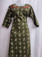 Churidar Model Cotton Nighty With Buttons, 3/4th Sleeves, 55 Inches - Green - Image 3