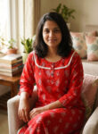 Churidar Model Cotton Nighty With Buttons, 3/4th Sleeves, 55 Inches - Red