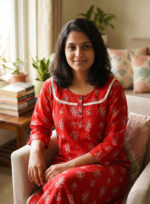 Churidar Model Cotton Nighty With Buttons, 3/4th Sleeves, 55 Inches - Red