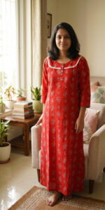 Churidar Model Cotton Nighty With Buttons, 3/4th Sleeves, 55 Inches - Red - Image 2