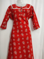 Churidar Model Cotton Nighty With Buttons, 3/4th Sleeves, 55 Inches - Red - Image 3