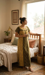 Churidar Model Cotton Nighty With Buttons, 55 Inches - Yellow + Green - Image 2