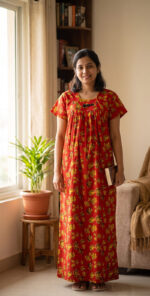 Traditional Cotton Nighty, 55 Inches Length - Red - Image 2