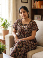 Traditional Cotton Nighty, 55 Inches Length - Green + Multi Design