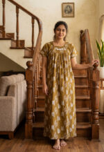 Traditional Cotton Nighty, 55 Inches Length - Olive Green - Image 2