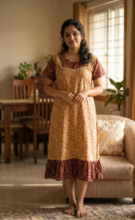 Short And Trendy Cotton Nighty - Yellow + Maroon - Image 2