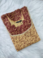 Short And Trendy Cotton Nighty - Yellow + Maroon - Image 3