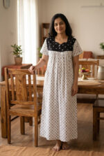 Front Open Cotton Nighty With Button, 55 Inches - White + Black - Image 2