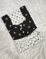 Front Open Cotton Nighty With Button, 55 Inches - White + Black - Image 3