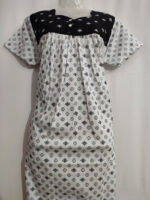 Front Open Cotton Nighty With Button, 55 Inches - White + Black - Image 4