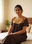 Front Open Cotton Nighty With Buttons, 55 Inches - Brown + Yellow