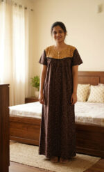 Front Open Cotton Nighty With Buttons, 55 Inches - Brown + Yellow - Image 2