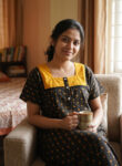 Churidar Model Cotton Nighty With Buttons, Hacoba Yoke, 55 Inches - White + Yellow