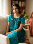 Churidar Model Cotton Nighty With Buttons, 55 Inches - Dark Green + Light Green