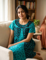 Churidar Model Cotton Nighty With Buttons, 55 Inches - Dark Green + Light Green