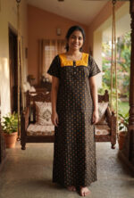 Churidar Model Cotton Nighty With Buttons, Hacoba Yoke, 55 Inches - White + Yellow - Image 2