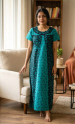 Churidar Model Cotton Nighty With Buttons, 55 Inches - Dark Green + Light Green - Image 2