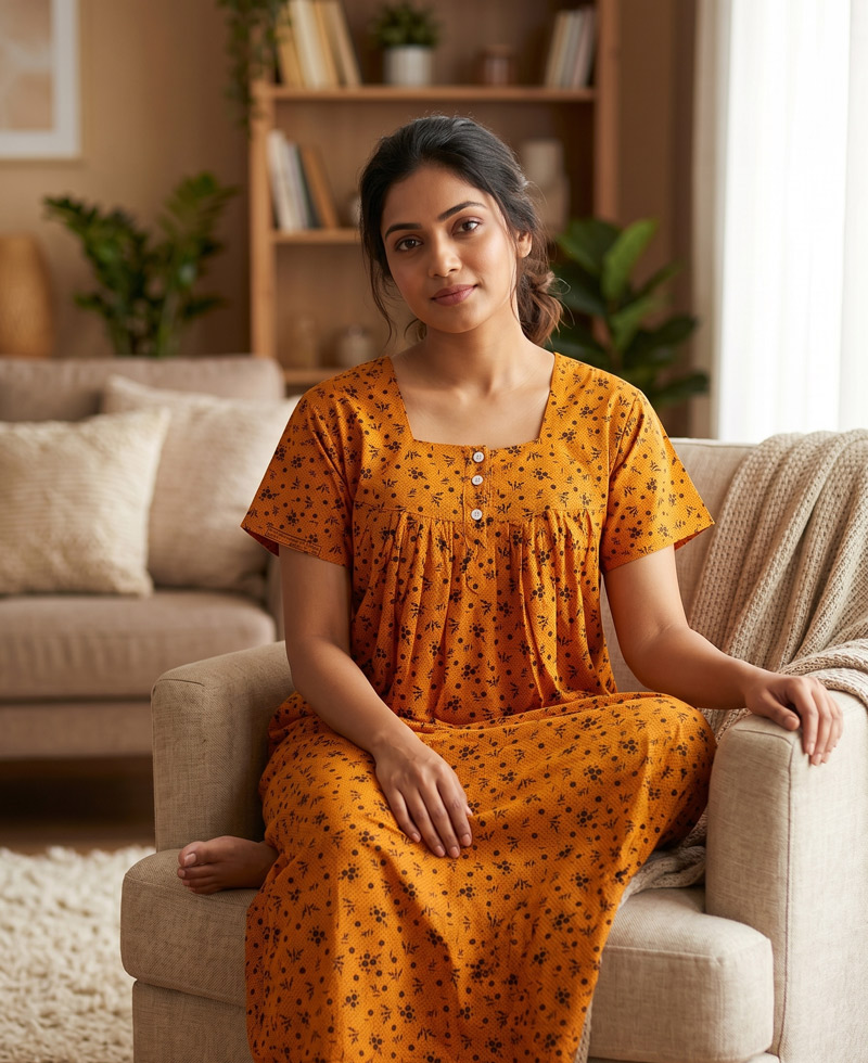 J1 Front Open Cotton Nighty With Buttons, 55 Inches - Orange - Image 1