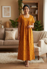 Front Open Cotton Nighty With Buttons, 55 Inches - Orange - Image 2