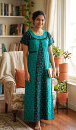 Churidar Model Cotton Nighty With Buttons, 55 Inches - Light Green + Dark Green - Image 2