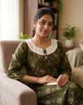 Churidar Model Cotton Nighty With Buttons, Hacoba Yoke, 3/4th Sleeves, 55 Inches - Olive Green
