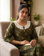 Churidar Model Cotton Nighty With Buttons, Hacoba Yoke, 3/4th Sleeves, 55 Inches - Olive Green