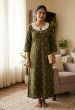 Churidar Model Cotton Nighty With Buttons, Hacoba Yoke, 3/4th Sleeves, 55 Inches - Olive Green - Image 2
