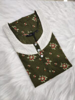 Churidar Model Cotton Nighty With Buttons, Hacoba Yoke, 3/4th Sleeves, 55 Inches - Olive Green - Image 3