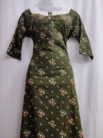 Churidar Model Cotton Nighty With Buttons, Hacoba Yoke, 3/4th Sleeves, 55 Inches - Olive Green - Image 4