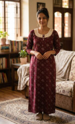 Churidar Model Cotton Nighty With Buttons, Hacoba Yoke, 3/4th Sleeves, 55 Inches - Maroon - Image 2