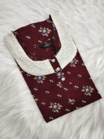 Churidar Model Cotton Nighty With Buttons, Hacoba Yoke, 3/4th Sleeves, 55 Inches - Maroon - Image 3