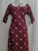 Churidar Model Cotton Nighty With Buttons, Hacoba Yoke, 3/4th Sleeves, 55 Inches - Maroon - Image 4