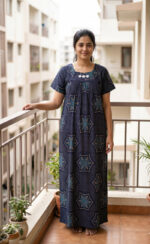 Traditional Cotton Nighty, 55 Inches Length - Dark Blue - Image 2