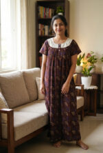 Front Open Cotton Nighty With Buttons, Hacoba Yoke, 55 Inches - Brown - Image 2