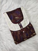 Front Open Cotton Nighty With Buttons, Hacoba Yoke, 55 Inches - Brown - Image 3
